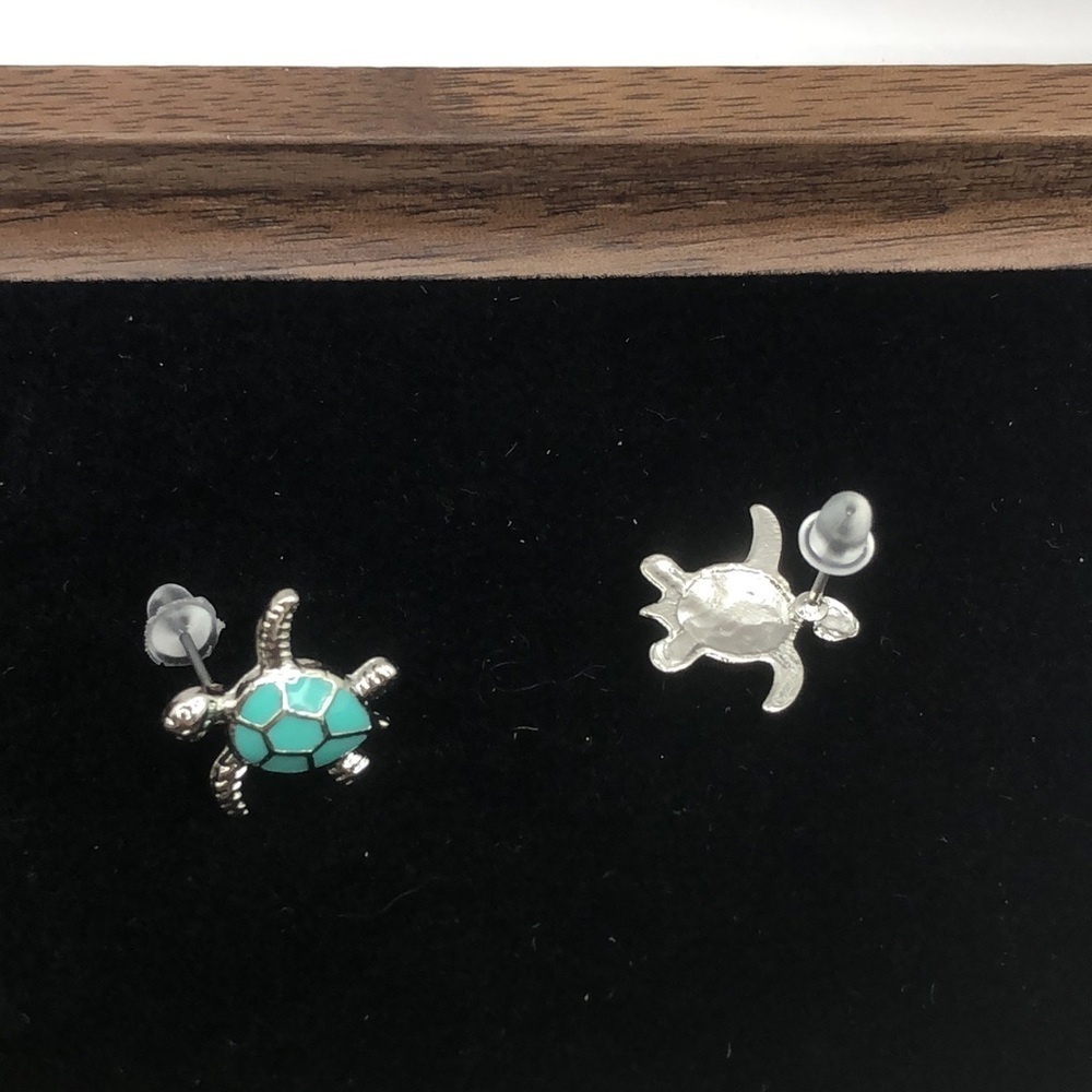 Turquoise and Silver Tone Sea Turtle Earrings - Picture 7 of 7